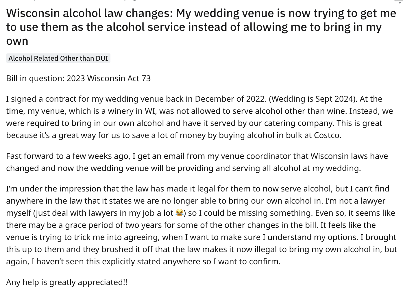 premier bank and trust is considering giving alou company a loan - Wisconsin alcohol law changes My wedding venue is now trying to get me to use them as the alcohol service instead of allowing me to bring in my own Alcohol Related Other than Dui Bill in q